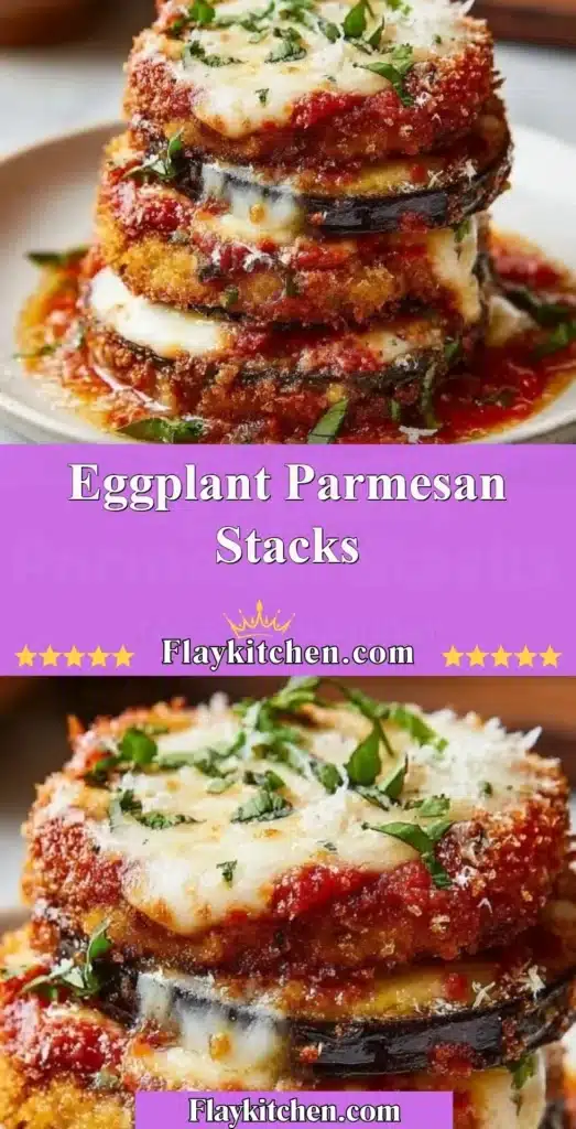 Layered Eggplant Parmesan stacks with marinara sauce and melted cheese.