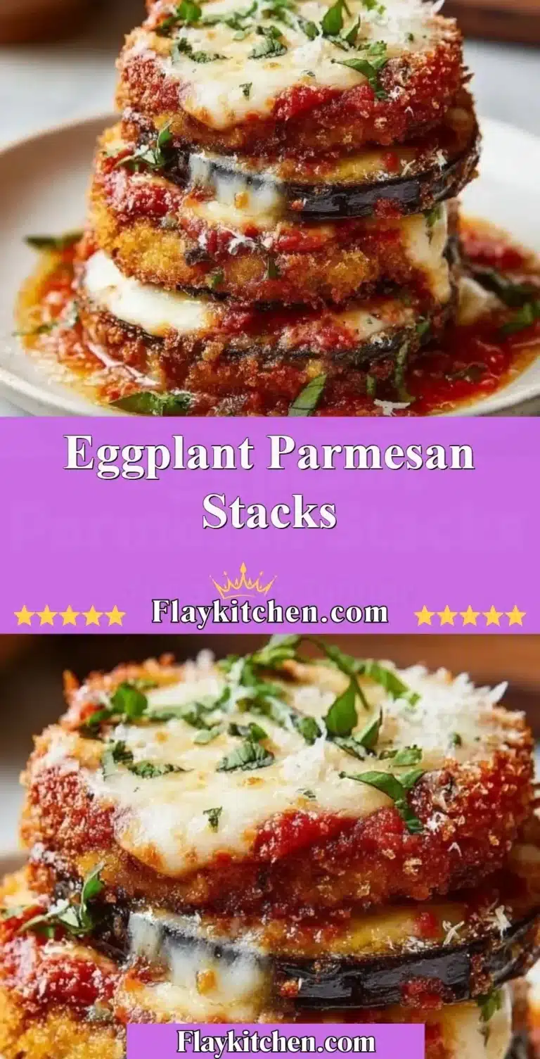 Layered Eggplant Parmesan stacks with marinara sauce and melted cheese.