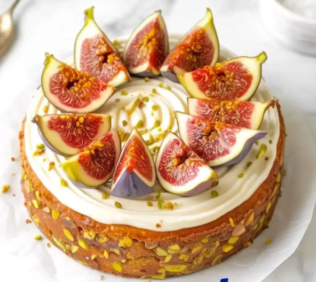 Delicious homemade fig cake topped with cream cheese frosting on a rustic plate