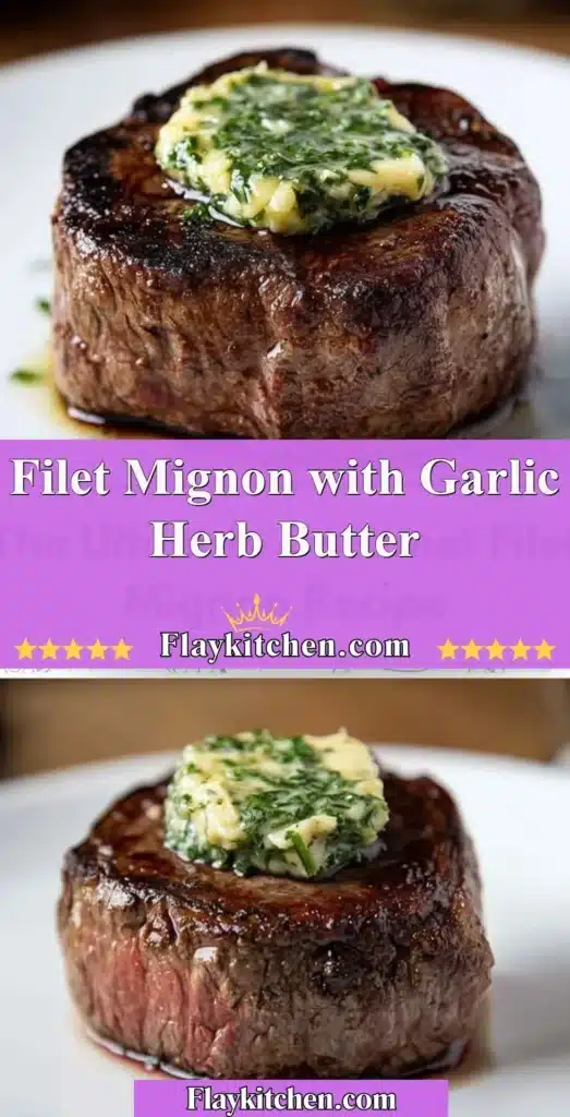 Juicy filet mignon steak with garlic herb butter melting on top.