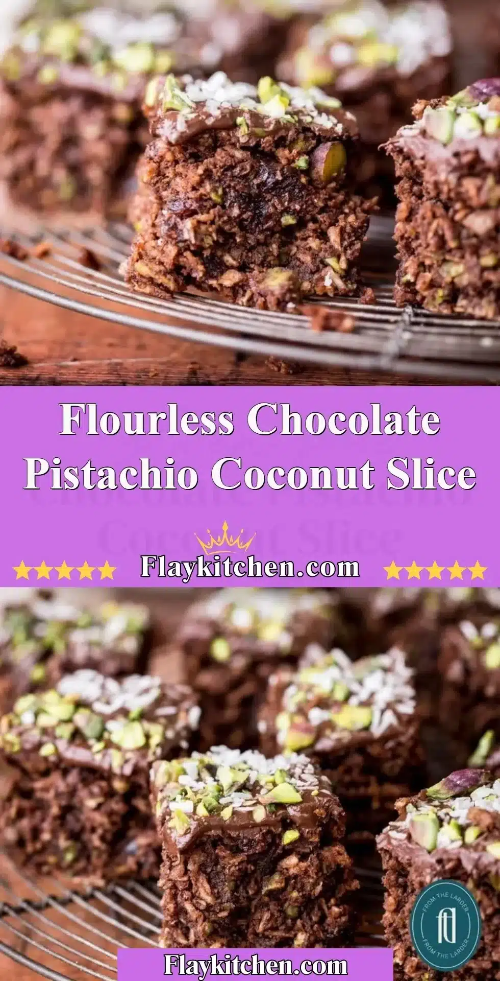 Flourless Chocolate Pistachio Coconut Slice 2 Flourless chocolate pistachio coconut slice on a plate