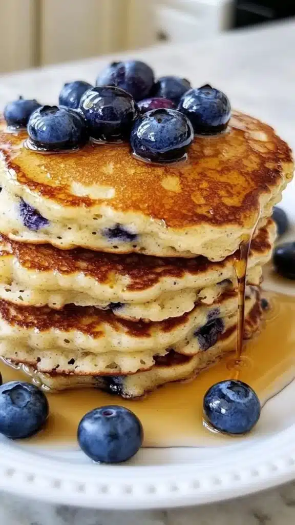 Fluffy blueberry pancakes stacked and topped with fresh blueberries and syrup