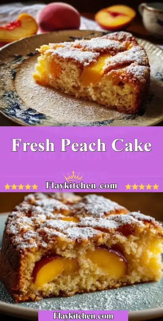 Deliciously baked fresh peach cake topped with slices of ripe peaches