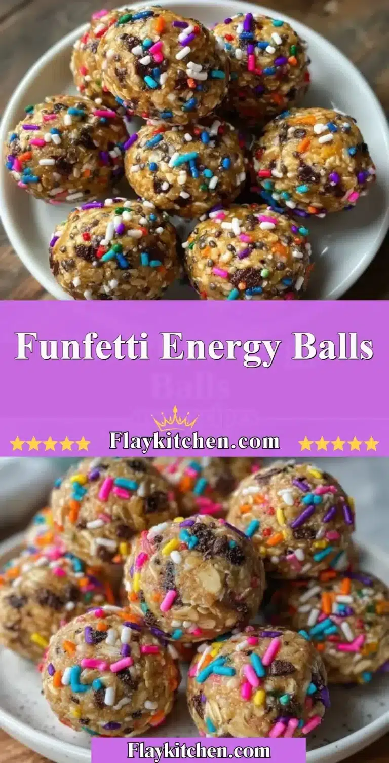 Colorful Funfetti Energy Balls topped with sprinkles on a wooden plate.