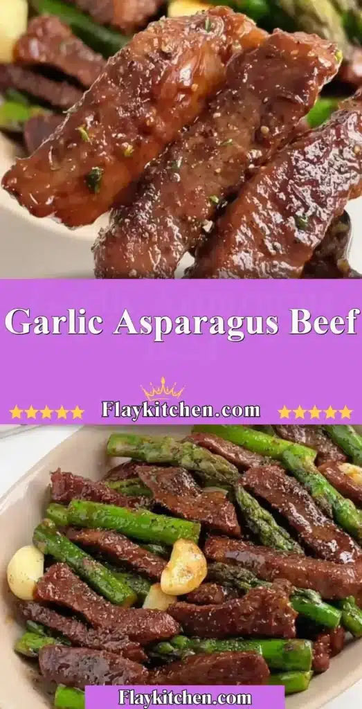 Plate of Garlic Asparagus Beef dish with vibrant vegetables and tender beef.