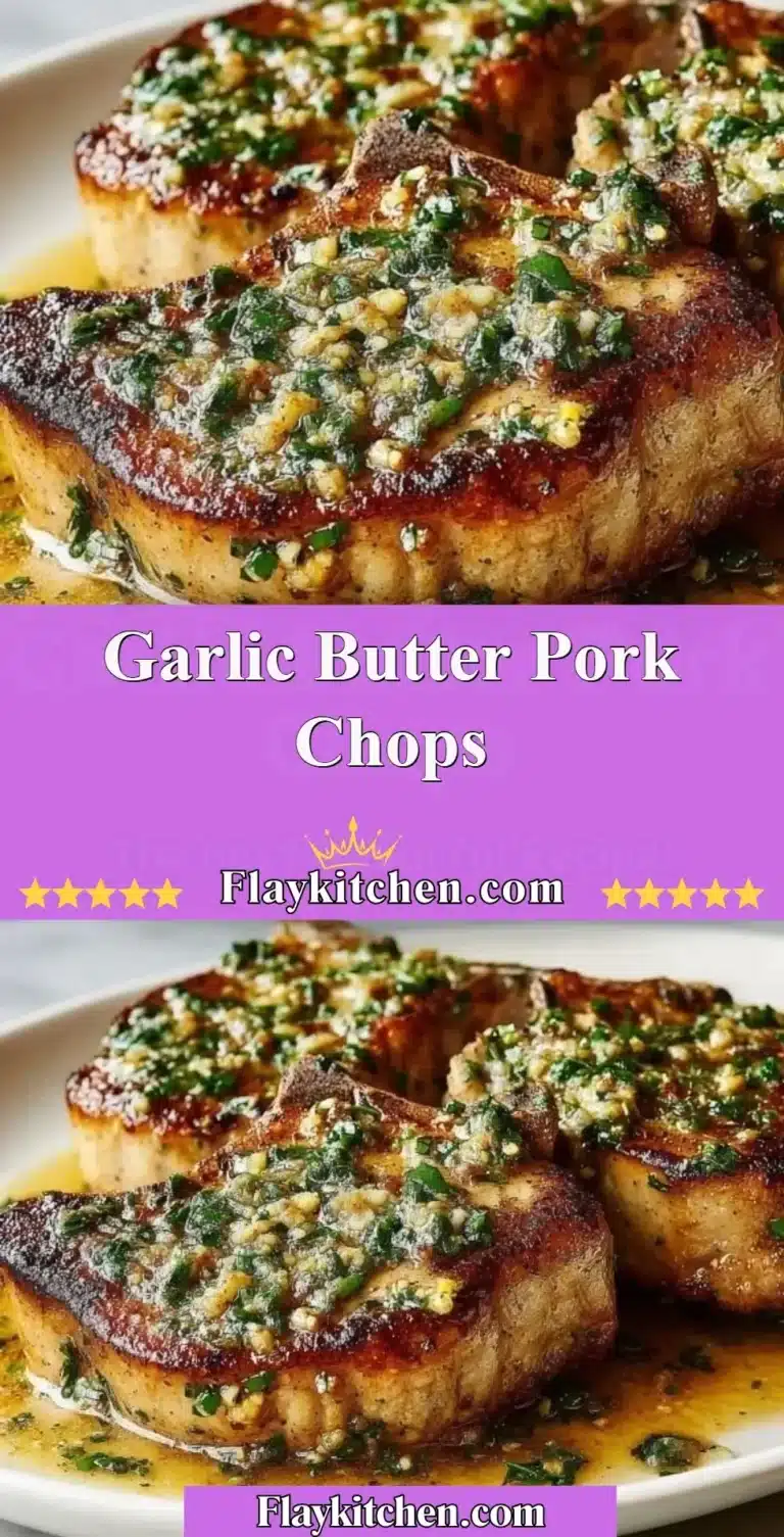 Delicious garlic butter pork chops served on a plate with herbs and side dishes