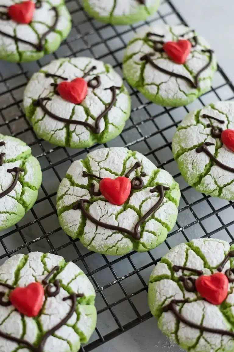 Festive Grinch Crinkle Cookies with green color and powdered sugar
