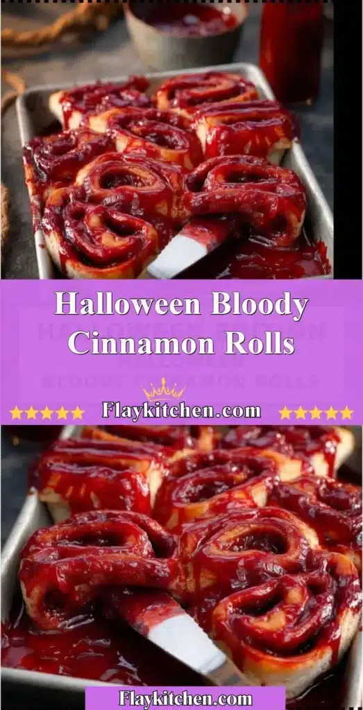 Halloween-themed bloody cinnamon rolls with red icing