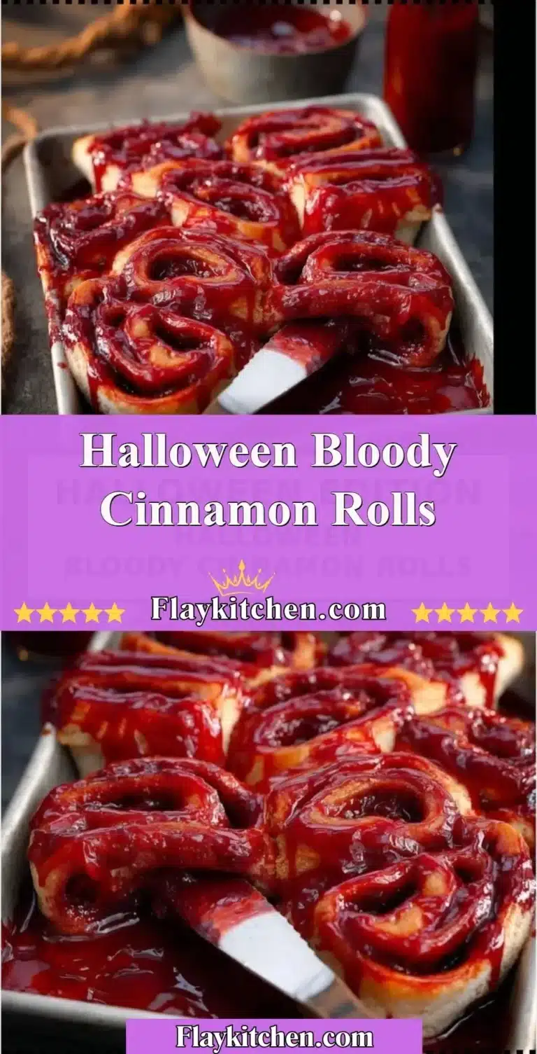 Halloween-themed bloody cinnamon rolls with red icing