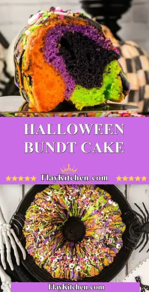 Halloween Bundt Cake decorated with spooky toppings for a festive treat.