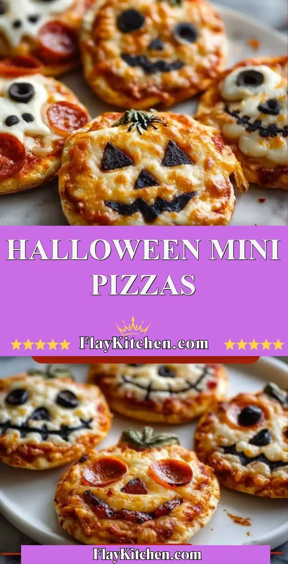 Halloween mini pizzas decorated with spooky toppings for festive celebrations