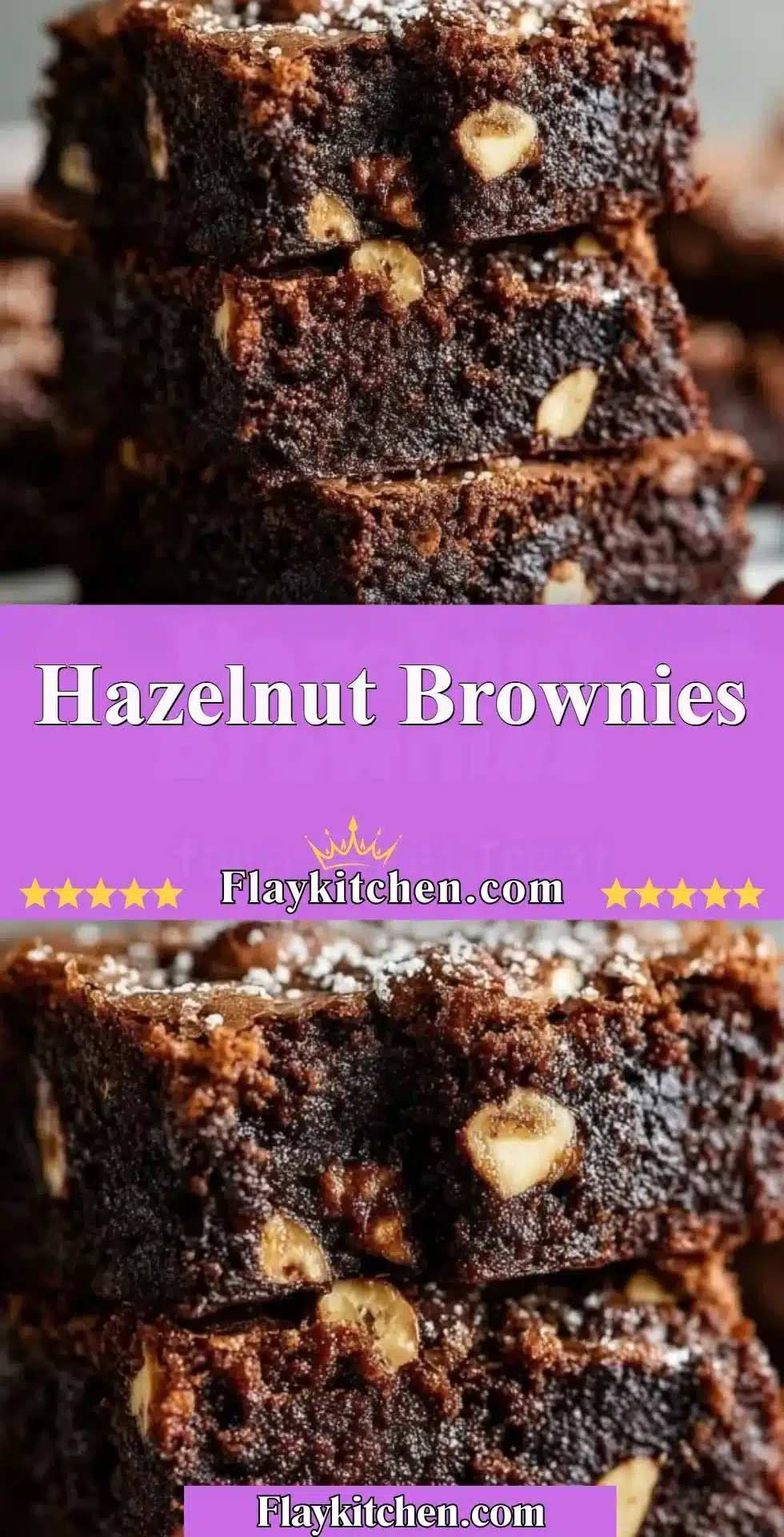 Delicious hazelnut brownies topped with chopped hazelnuts and chocolate icing