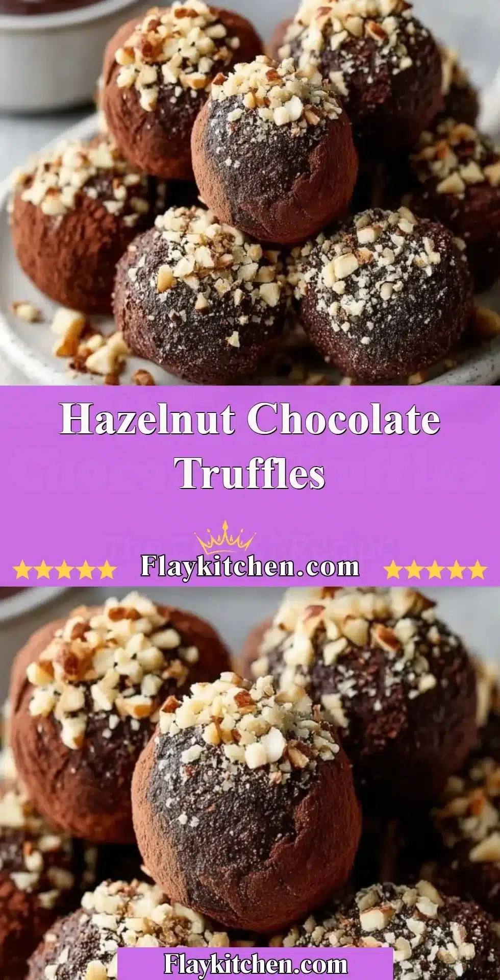 Delicious hazelnut chocolate truffles garnished with chopped nuts.