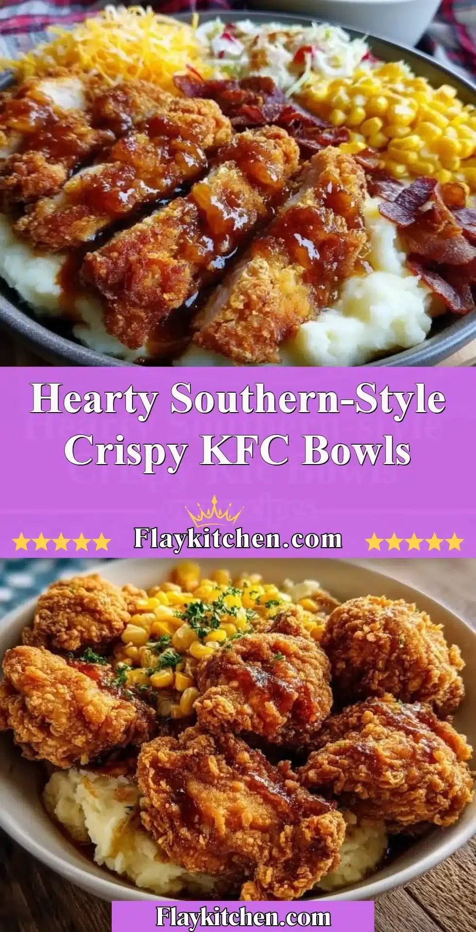 Hearty Southern-Style Crispy KFC Bowls 2 Hearty Southern-style crispy KFC Bowls with chicken, mashed potatoes, and gravy.