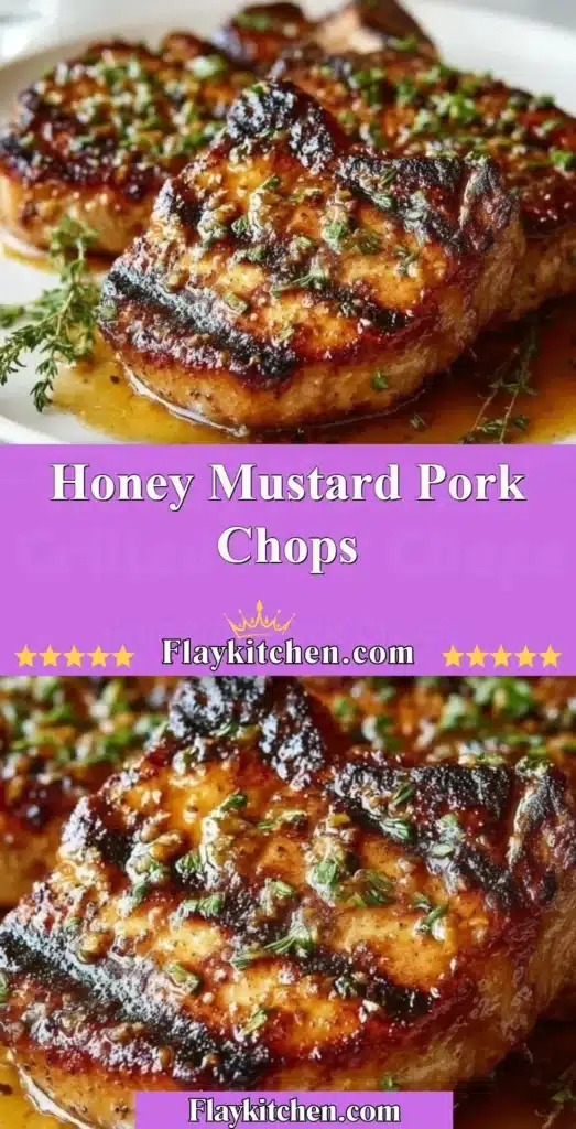Honey mustard pork chops served on a plate garnished with herbs