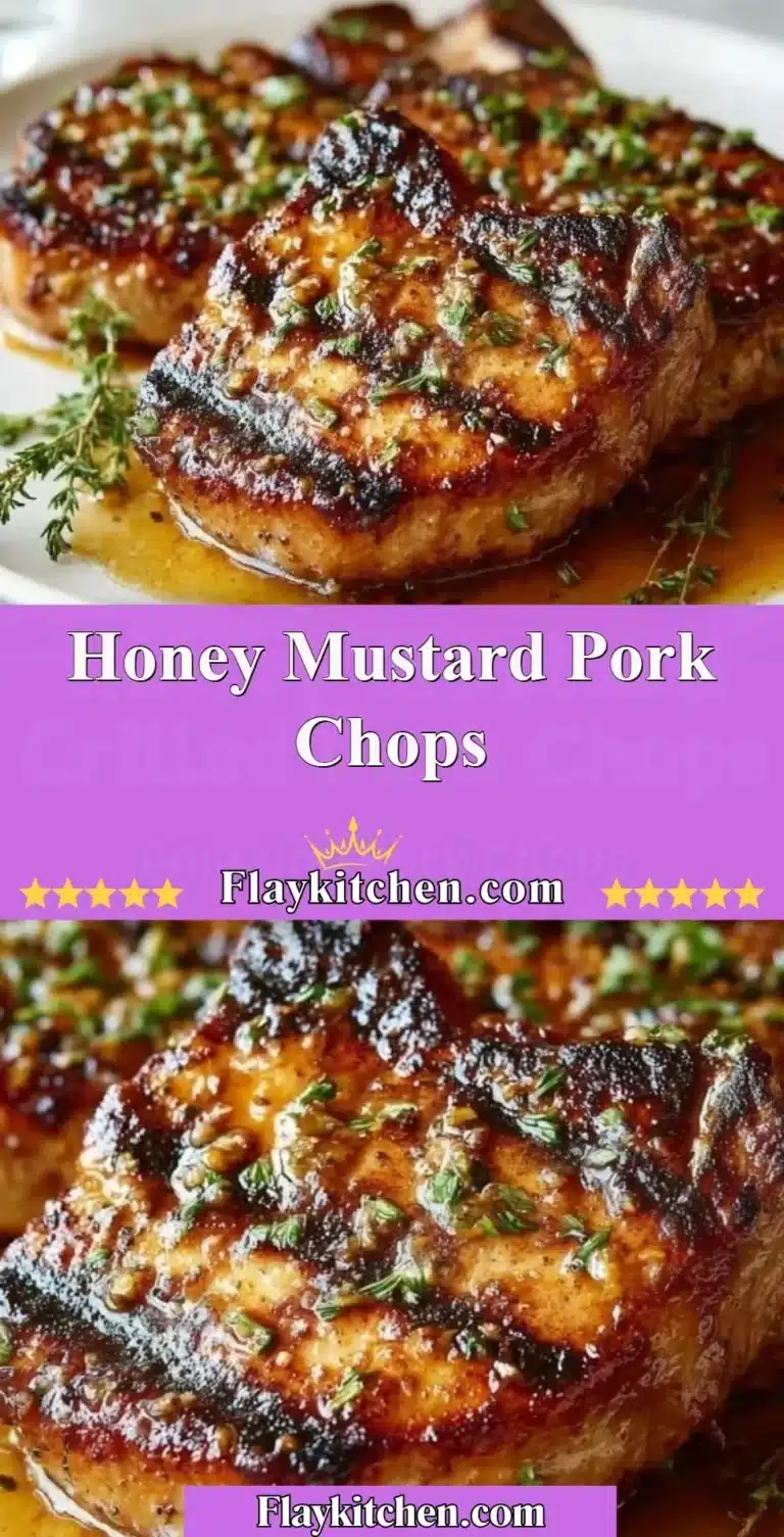 Honey mustard pork chops served on a plate garnished with herbs