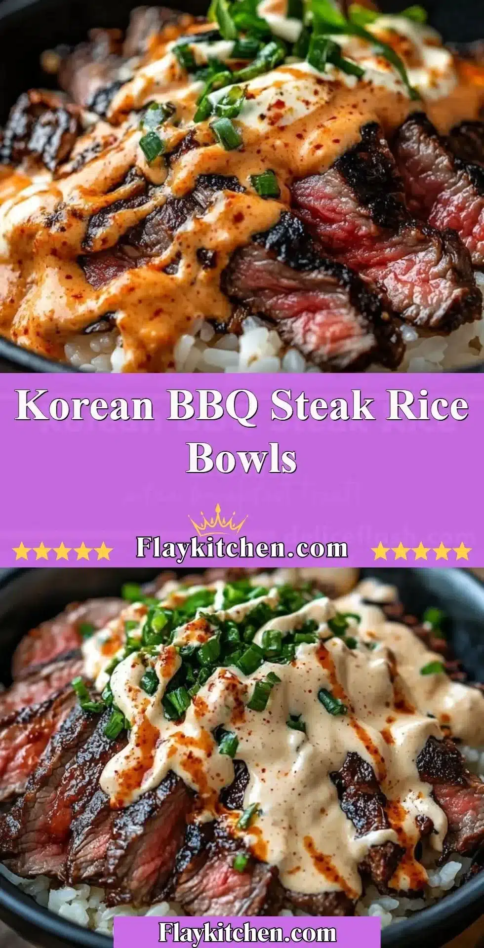 Korean BBQ Steak Rice Bowl garnished with vegetables and herbs