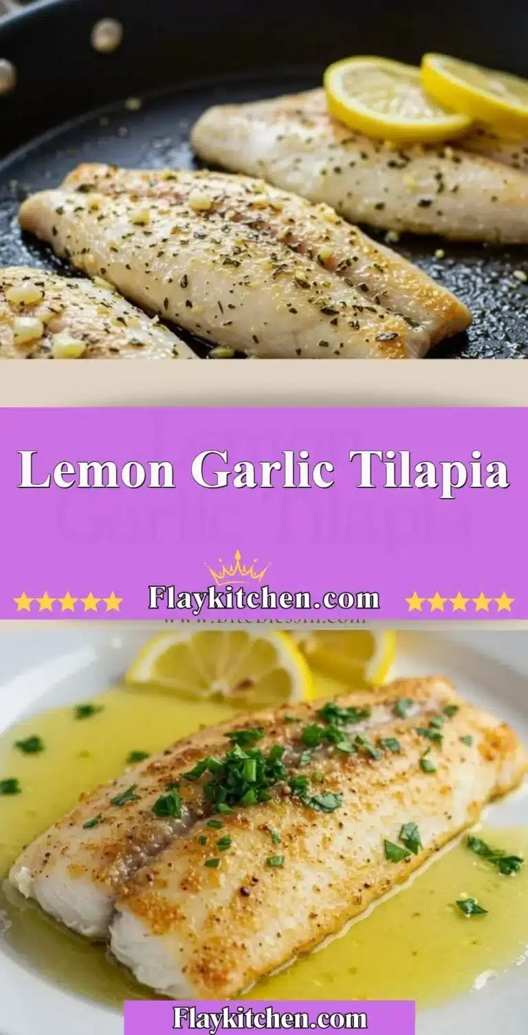 Plate of Lemon Garlic Tilapia garnished with lemon slices and herbs