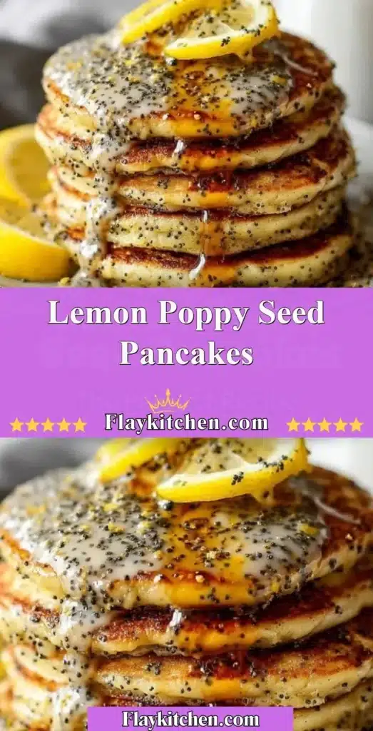 Delicious lemon poppy seed pancakes topped with syrup and fresh fruit