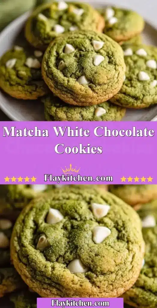 Matcha white chocolate cookies on a plate with green tea leaves