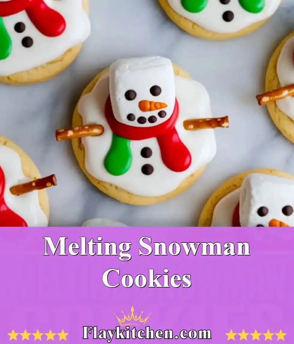 Cute Melting Snowman Cookies decorated with icing and candy, perfect for holidays.