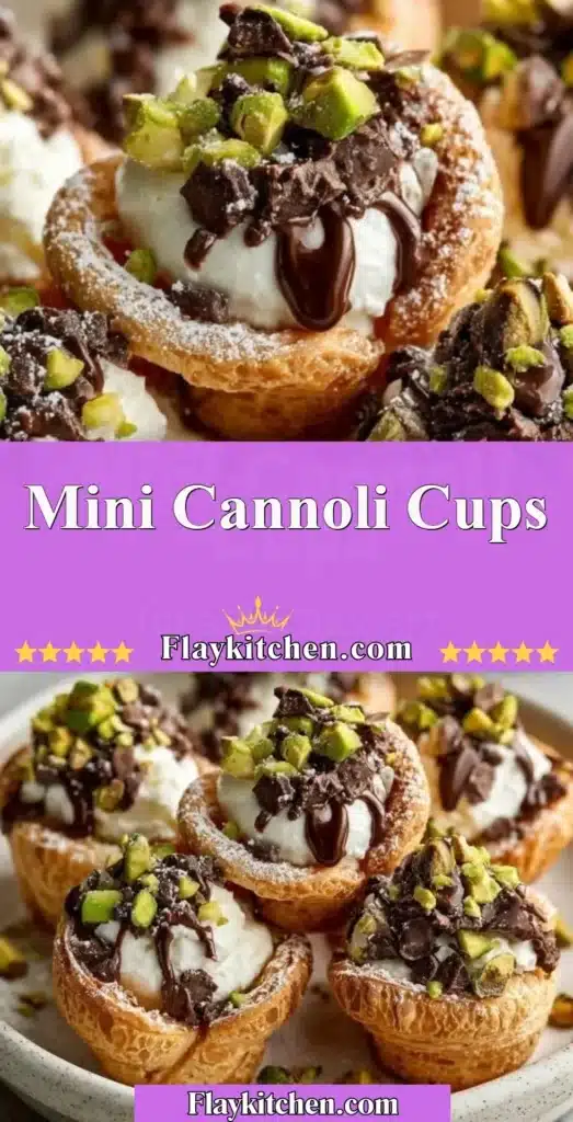 Delicious mini cannoli cups filled with sweet ricotta cream and topped with chocolate chips.