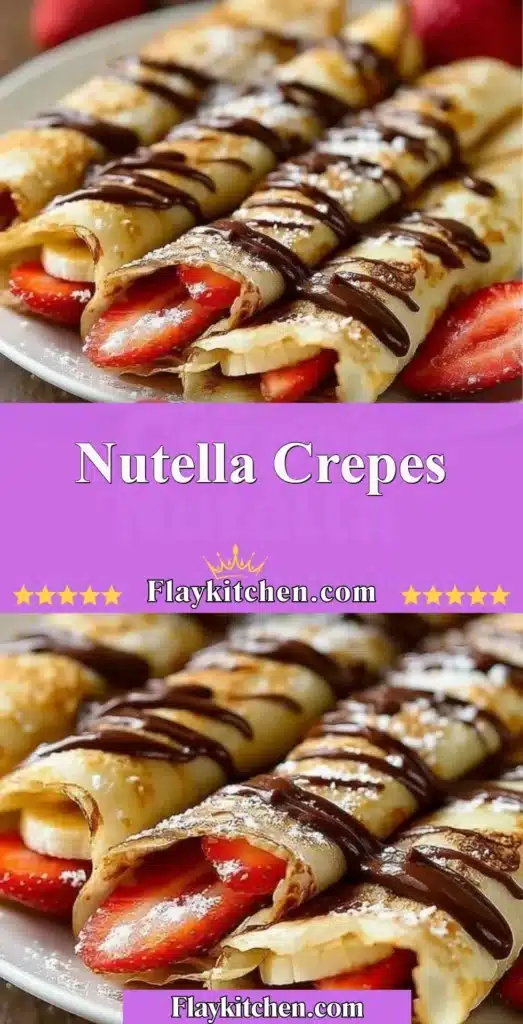 Delicious Nutella crepes topped with chocolate and fresh strawberries
