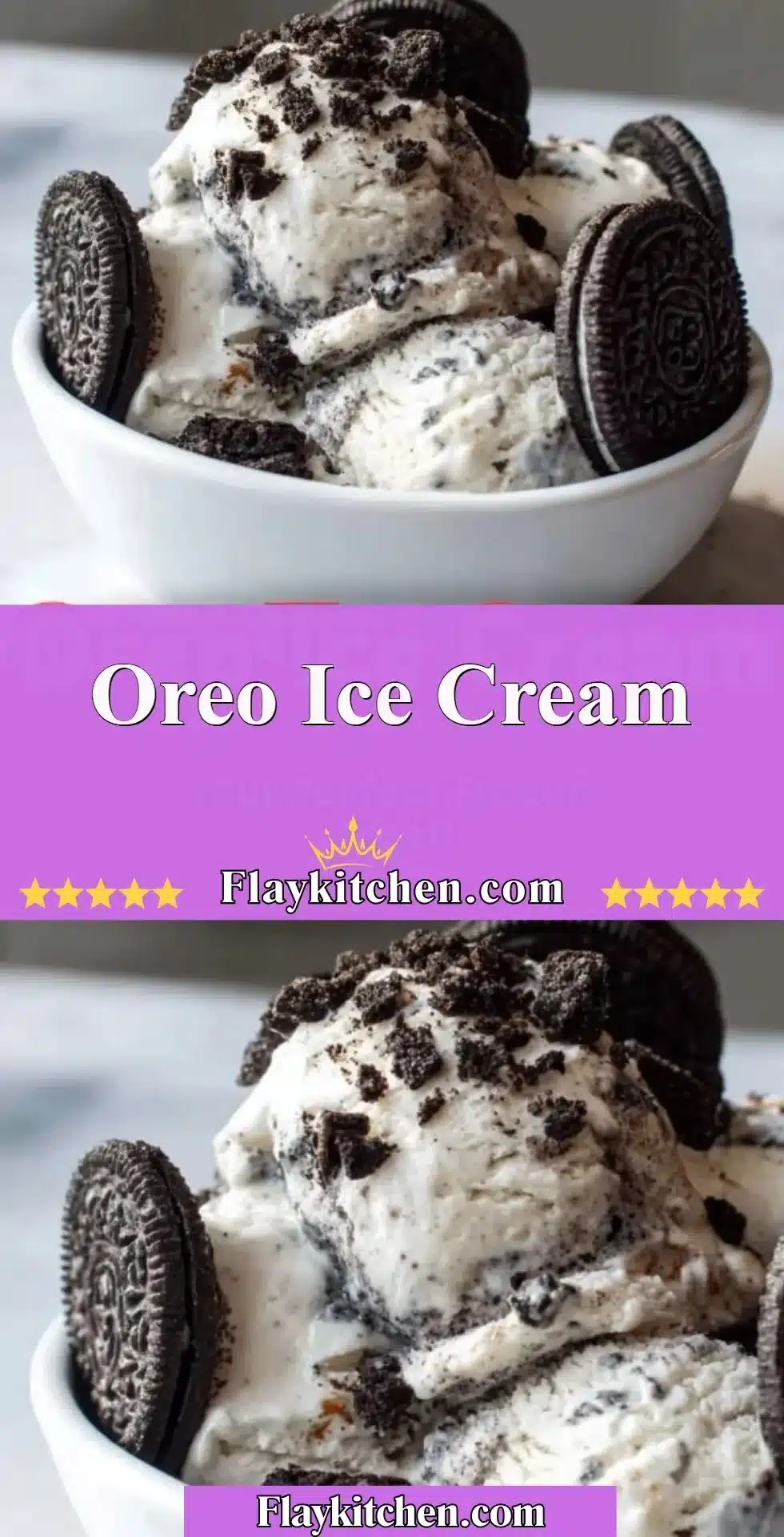 Delicious bowl of Oreo Ice Cream topped with crushed Oreos and chocolate syrup