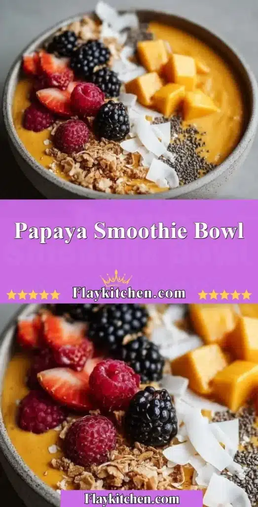 Delicious papaya smoothie bowl topped with fresh fruits and seeds.