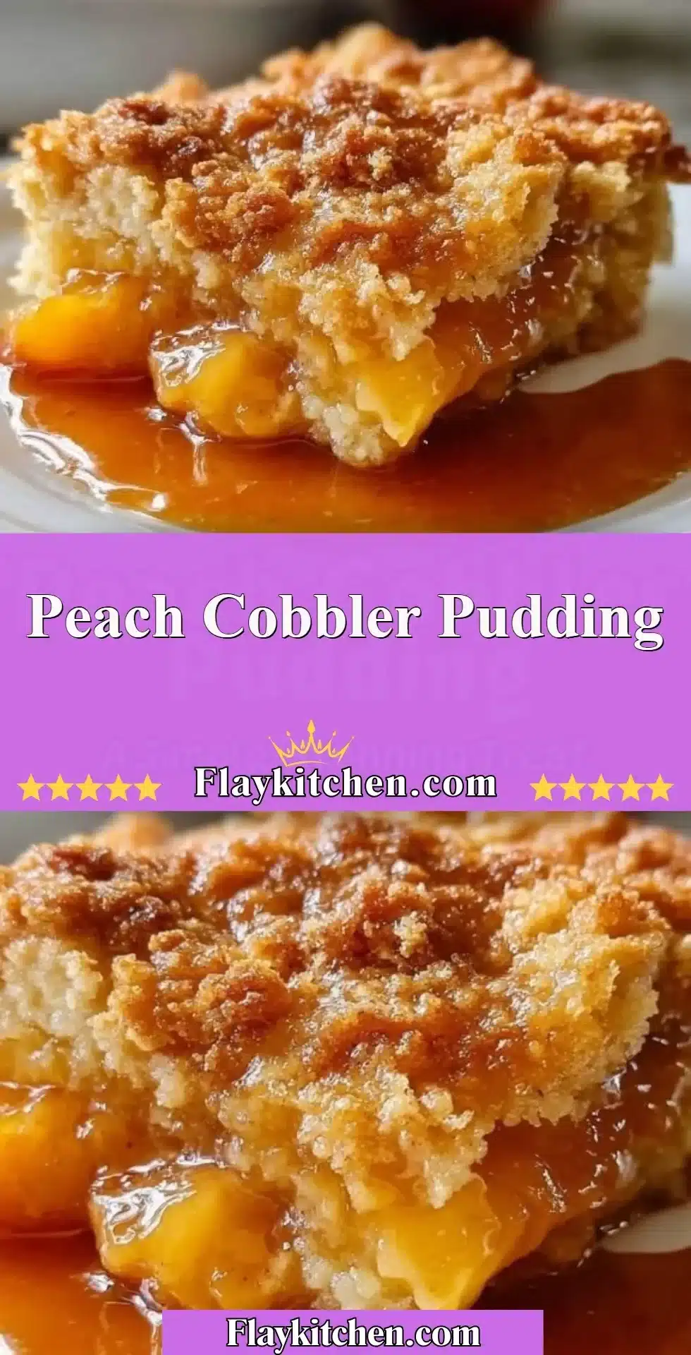 Delicious peach cobbler pudding with juicy peaches served in a bowl