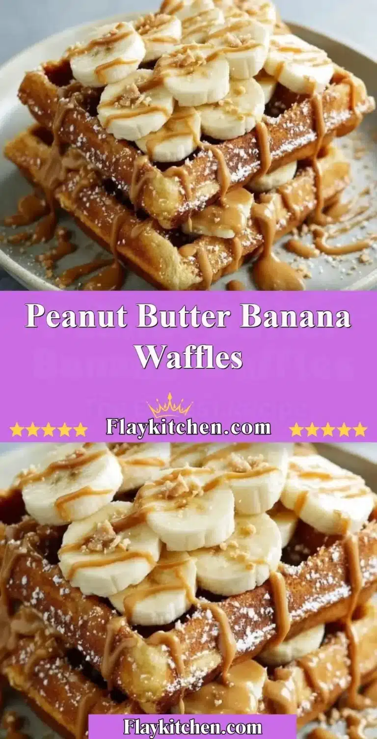 Delicious peanut butter banana waffles served with syrup and banana slices