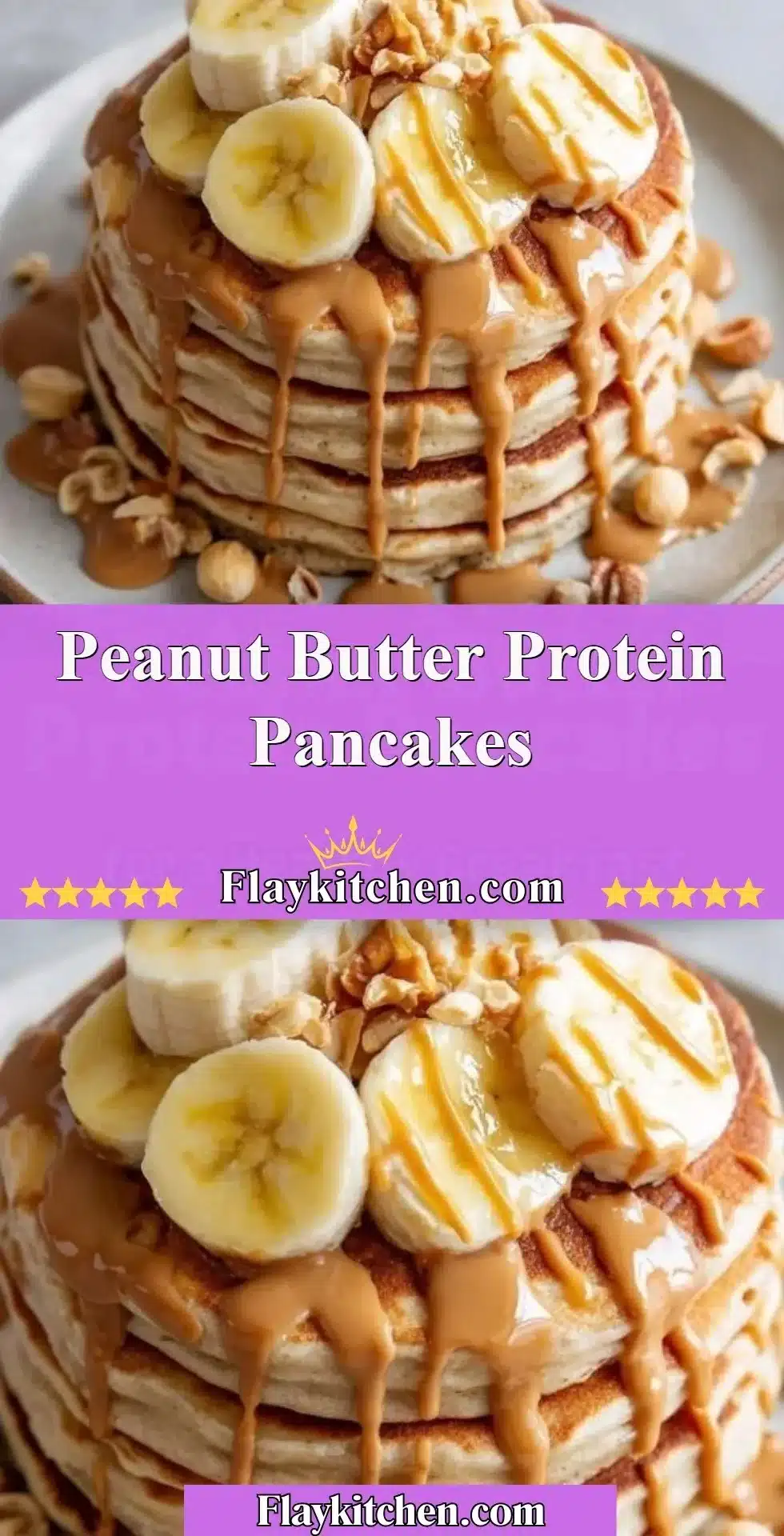 Fluffy peanut butter protein pancakes topped with syrup and berries