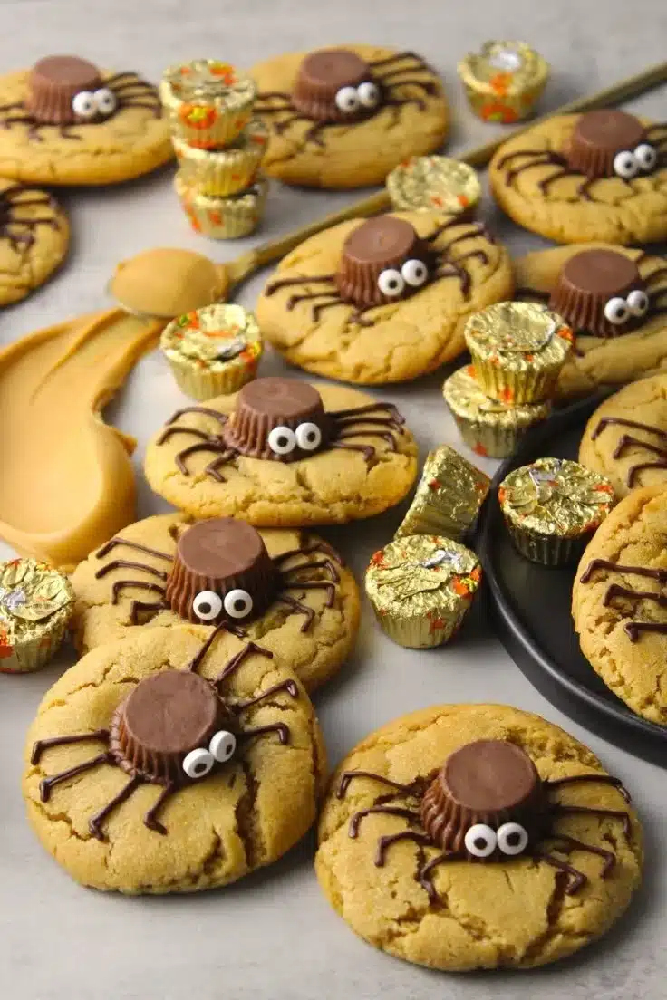 Peanut Butter Spider Halloween Cookies decorated for Halloween fun