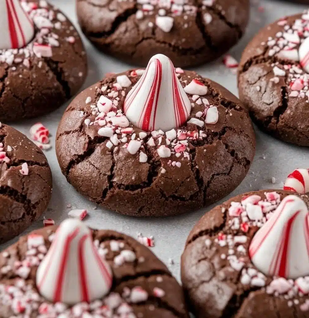 Peppermint chocolate blossom cookies with festive decorations