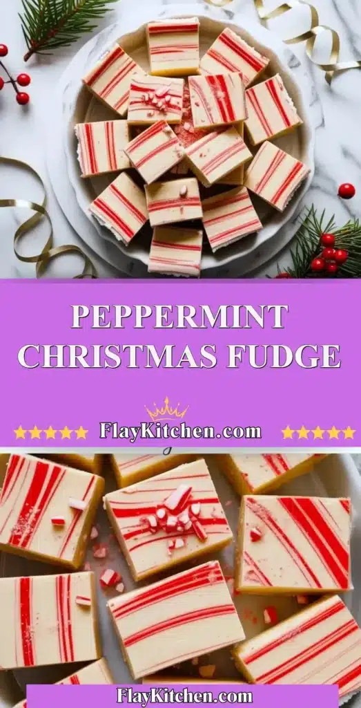 Homemade peppermint Christmas fudge with festive decorations
