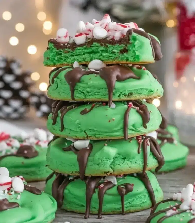 Delicious peppermint hot chocolate cookies topped with crushed candy canes.