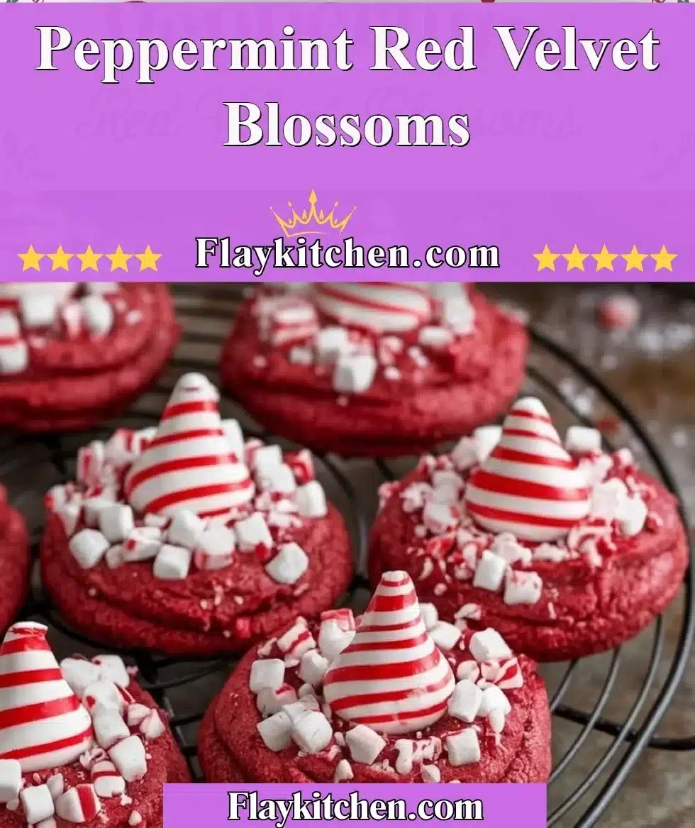 Peppermint Red Velvet Blossoms cookies on a festive plate