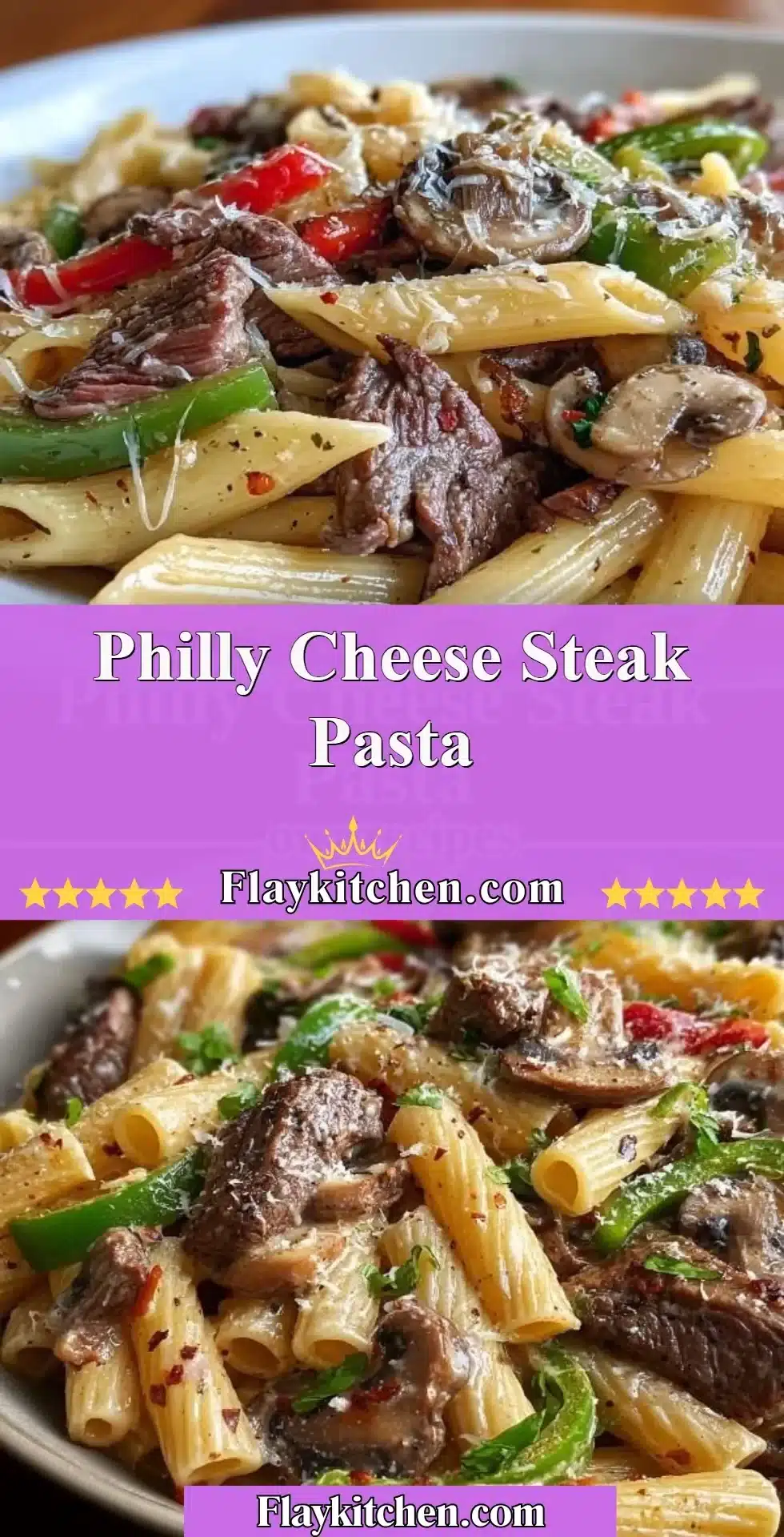 Delicious Philly Cheese Steak Pasta with beef, peppers, and cheese sauce