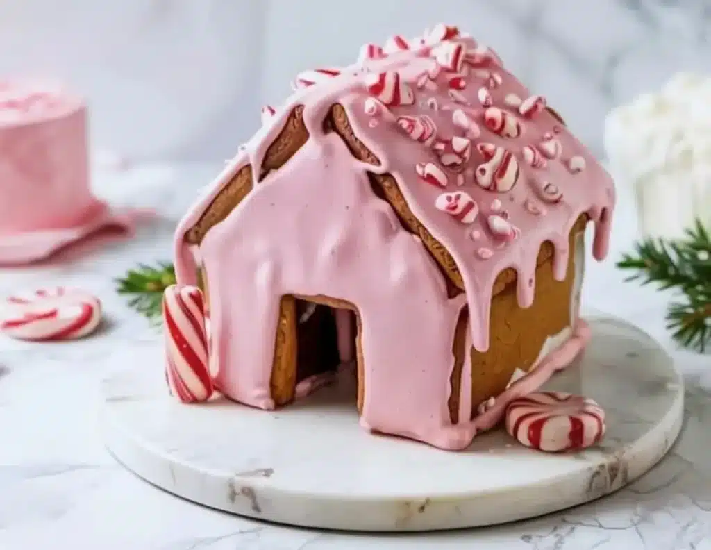 Beautiful pink gingerbread house decorated with icing and candy for the holidays