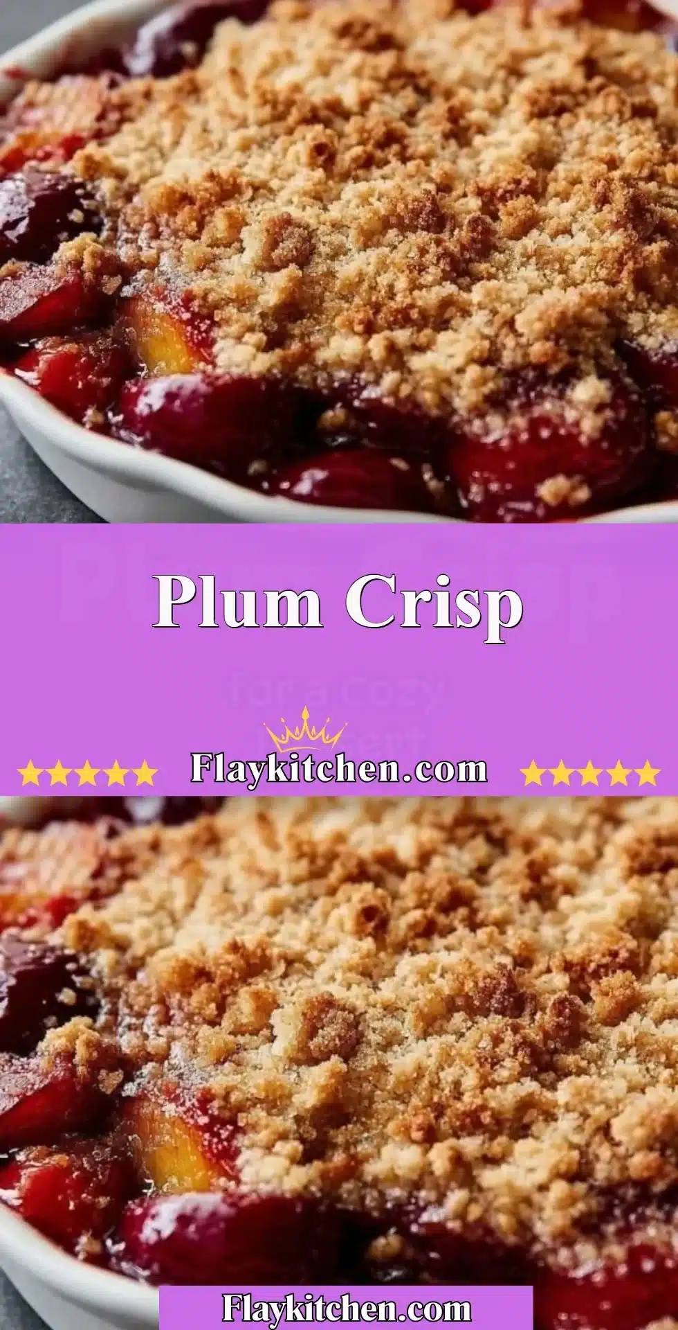 Plum Crisp 2 Homemade plum crisp with a golden crumble topping and fresh plums