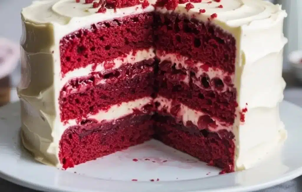 Sliced Red Velvet Cake with cream cheese frosting on a decorative plate