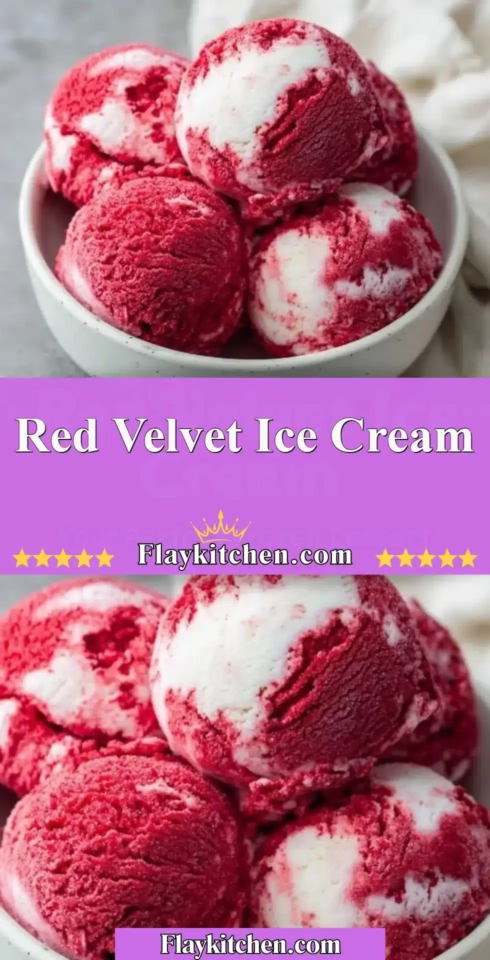 Delicious scoop of red velvet ice cream in a waffle cone topped with cream.