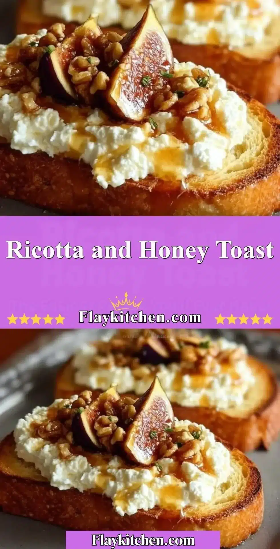 Delicious ricotta honey toast topped with drizzled honey and fresh fruit.