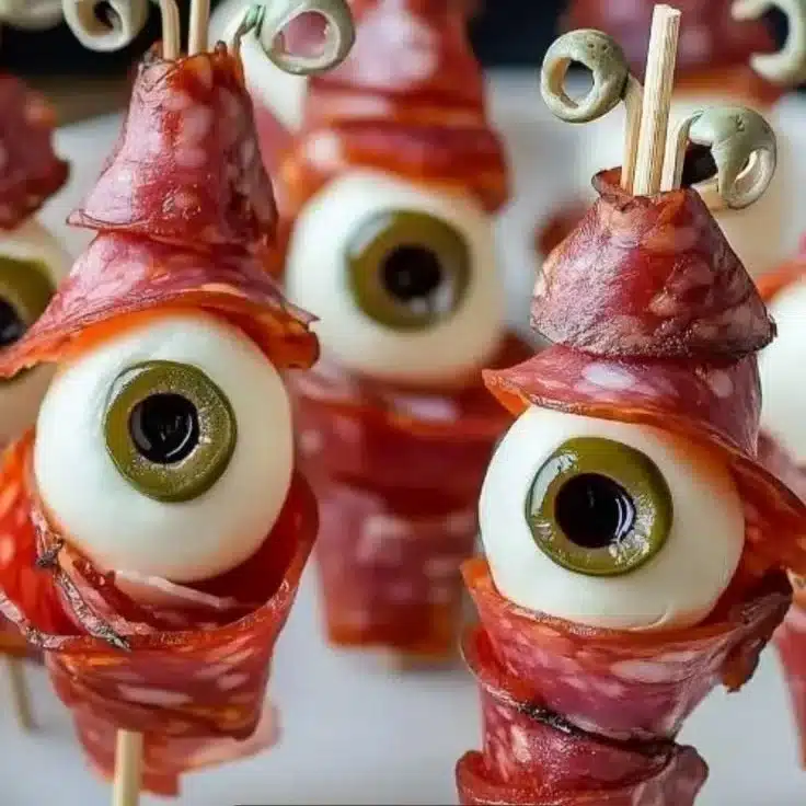 Plate of creative Salami Mozzarella Eyeballs appetizer for Halloween