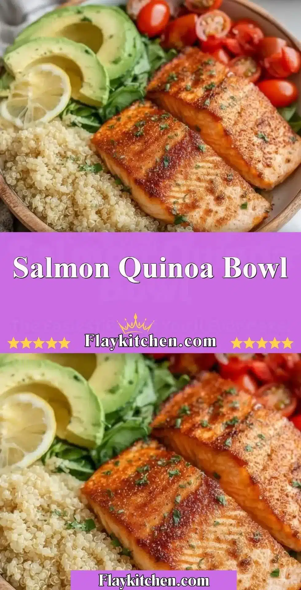 Delicious salmon quinoa bowl topped with fresh vegetables and herbs.
