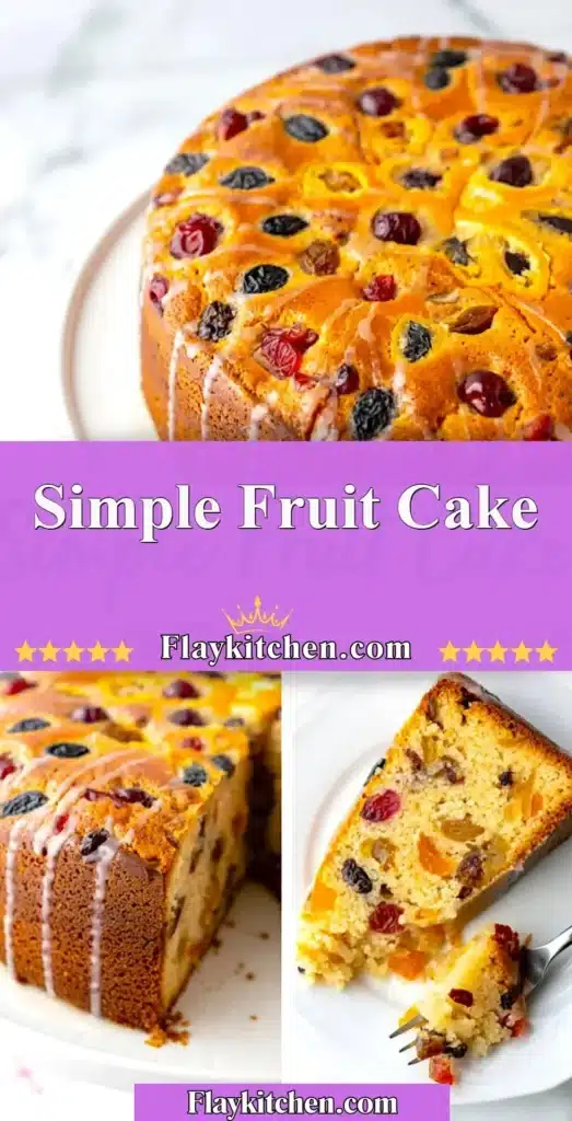 A beautifully decorated simple fruit cake on a wooden table
