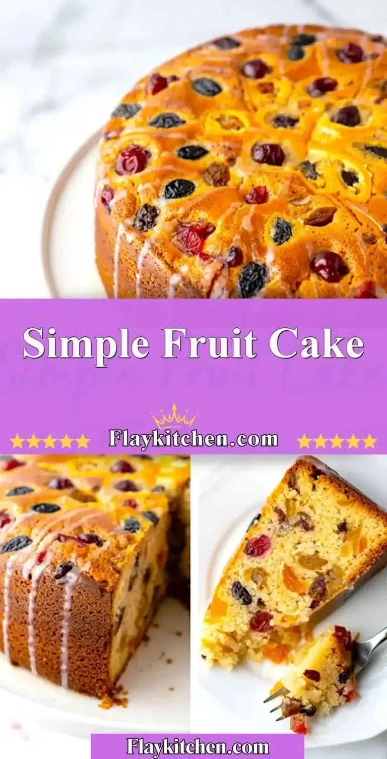 A beautifully decorated simple fruit cake on a wooden table