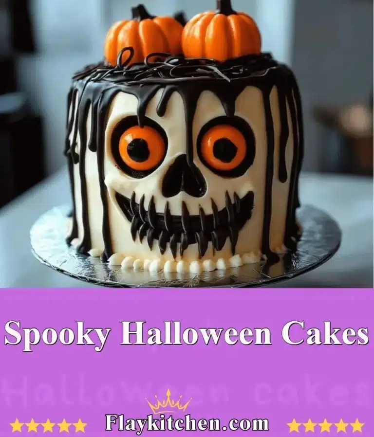 Decorative spooky Halloween cakes with pumpkins and ghosts for festive celebrations.