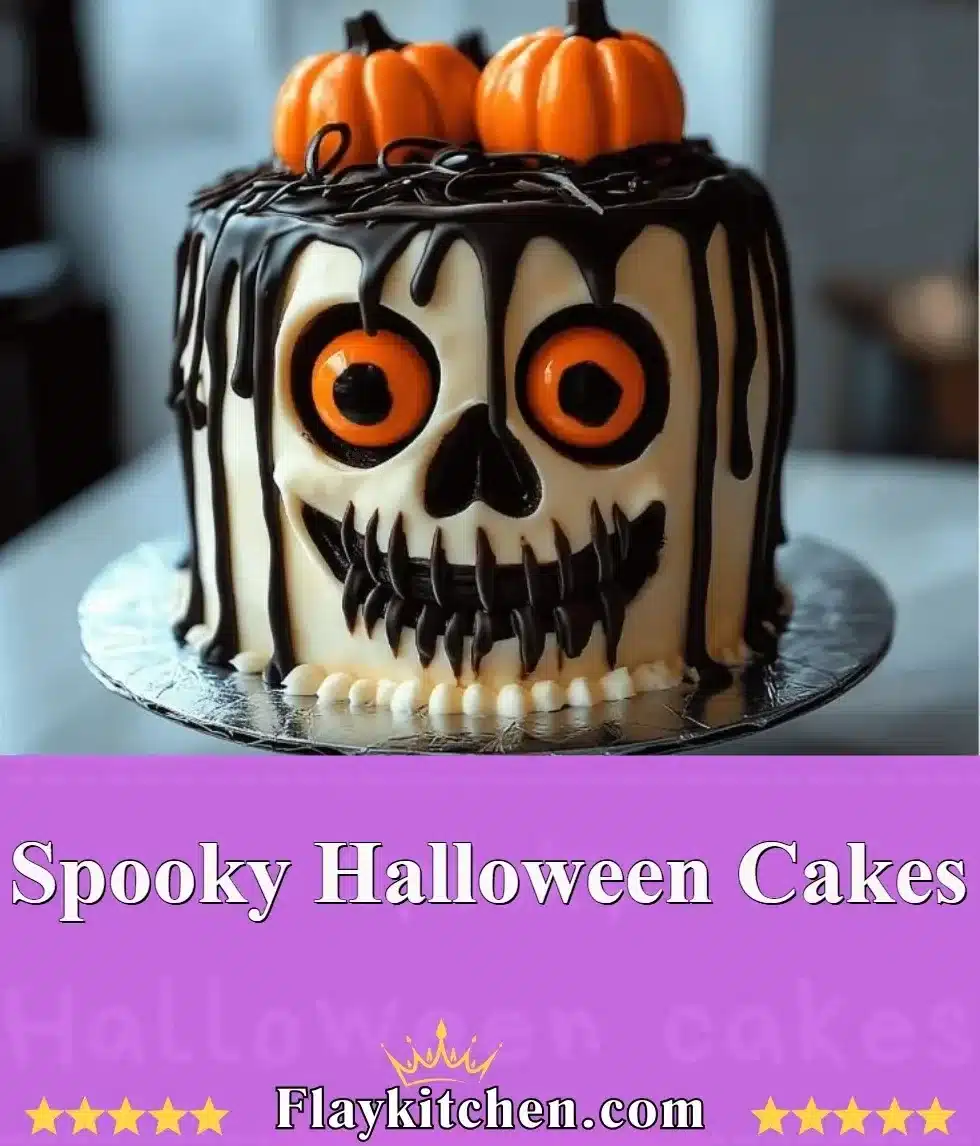 Decorative spooky Halloween cakes with pumpkins and ghosts for festive celebrations.