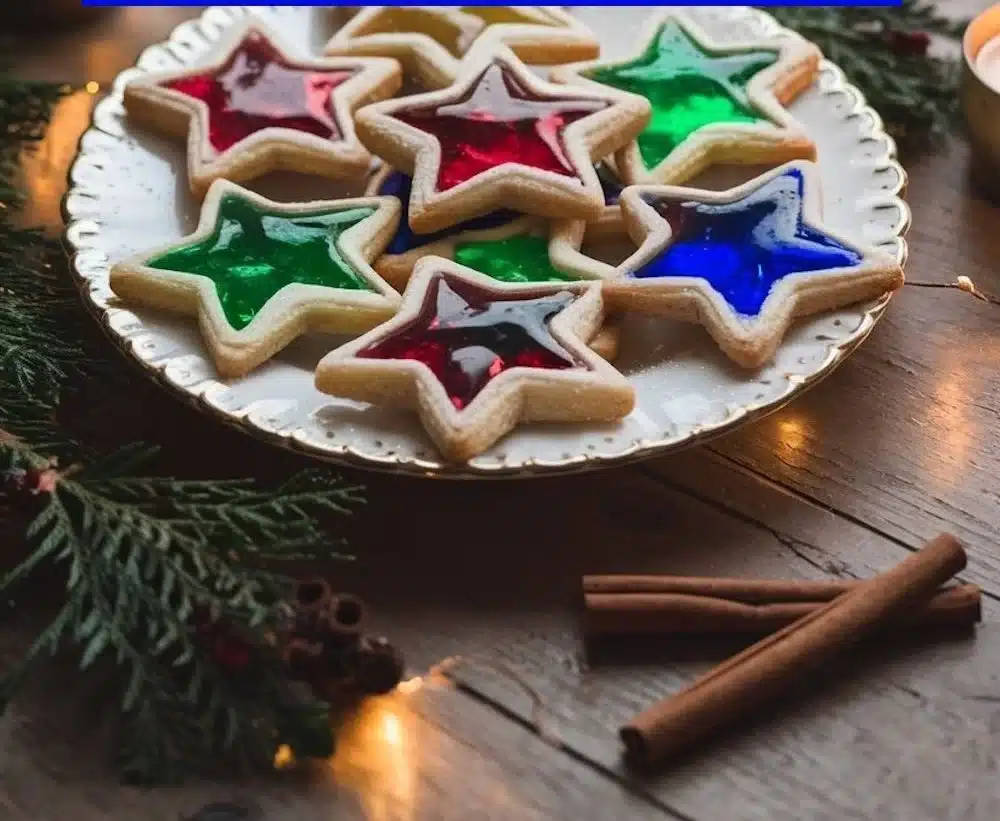 Beautiful stained glass cookies with colorful candy interiors